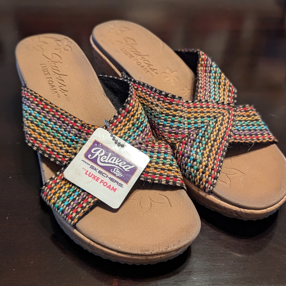 Skechers Beverlee Rainbow Pride Sandals Womens 10 Canvas Cork Wedge New READ